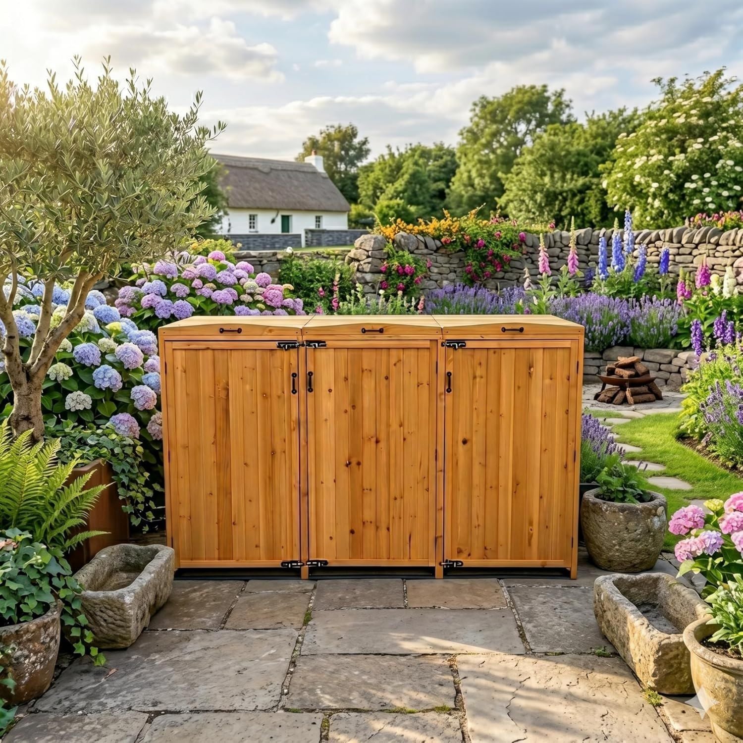 Armadio deluxe in a 3 vani in naturale con bracci idraulici e porte con serratura legno legno per bidoni della spazzatura adatto per 3 bidoni da 240 l nascondiglio per bidoni