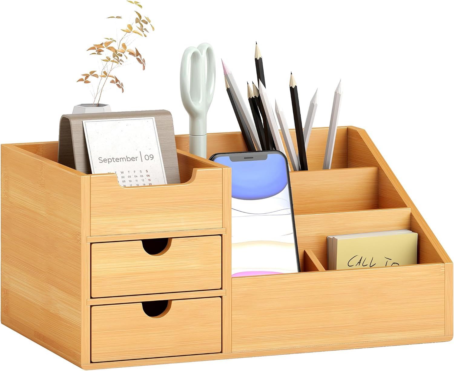 Portaoggetti HOMCOM Organizer Scrivania Multifunzionale cm in Bamb¨´ con 2 Cassetti 7 Scomparti Organizzatore 33 x 20.5 x 15.5 per Ufficio
