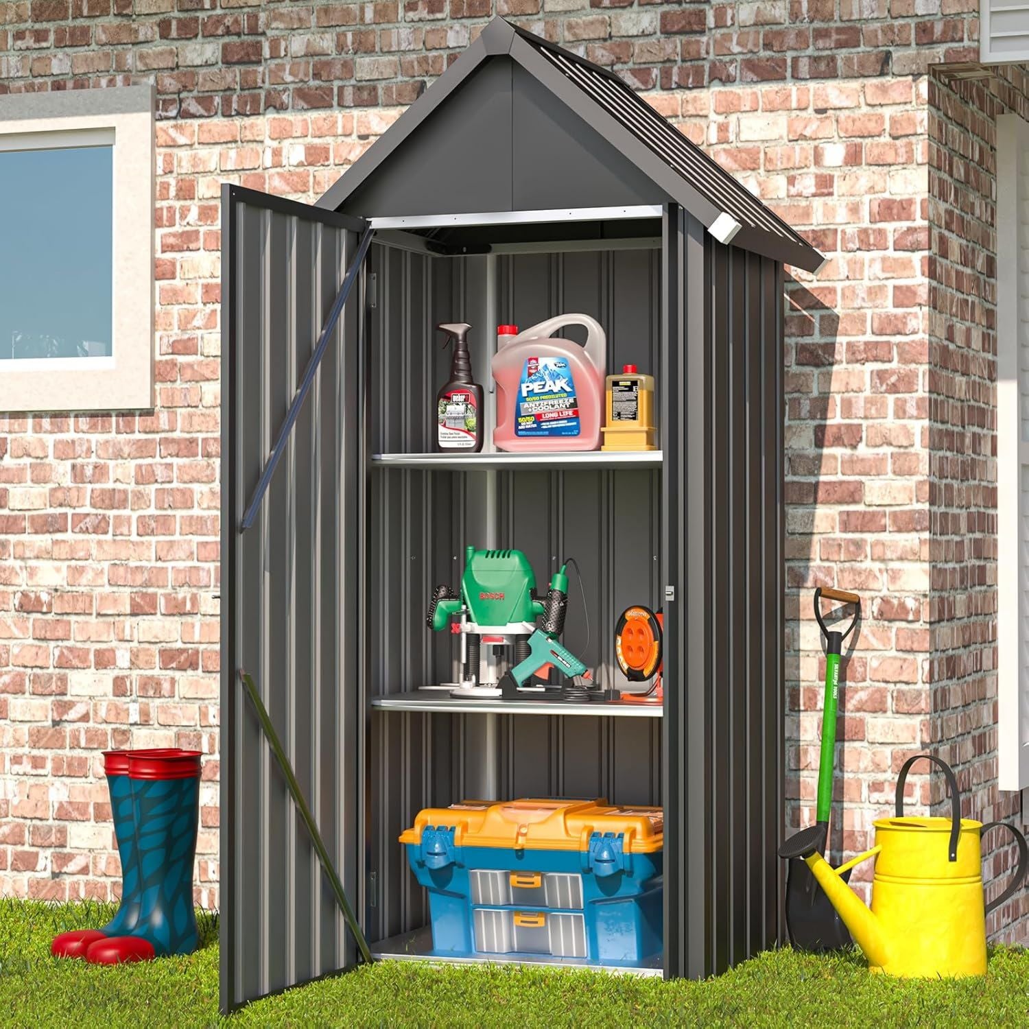 YODOLLA Casetta da giardino con base e serratura bloccabile in acciaio zincato 86 x 55 x 178 cm grigio scuro