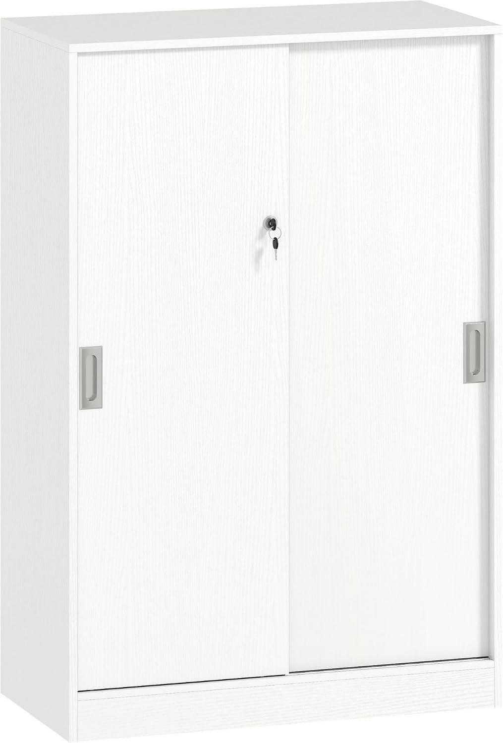 Armadietto Vinsetto da Ufficio 3 Ripiani Sicurezza cm 2 Chiavi di Sicurezza Mobiletto da Ufficio Porte Scorrevole in Truciolato 80 x 40 x 120 Bianco per Studio Garage