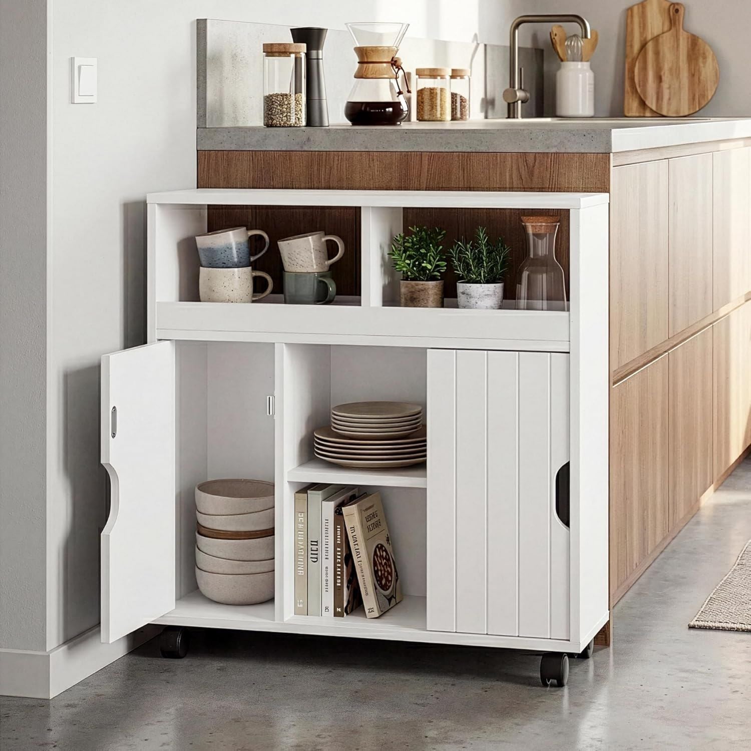 Armadietto en.casa Stretto con Rotelle Mobile Contenitore Salvaspazio con 3 Ante Credenza 72 x 70 x 20 Bianco per Cucina Mobiletto da Bagno Corridoio Ingresso cm