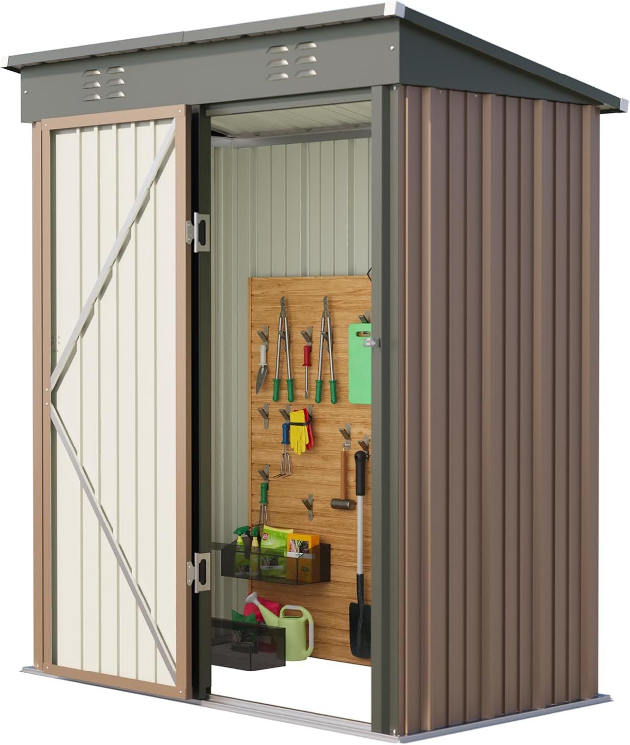 Casetta per attrezzi in metallo Capanno per Attrezzi da Giardino in Metallo con Ripiani Regolabili Tetto Inclinato Prese d Aria per Prato Patio e Cortile 161x94x182CM Marrone
