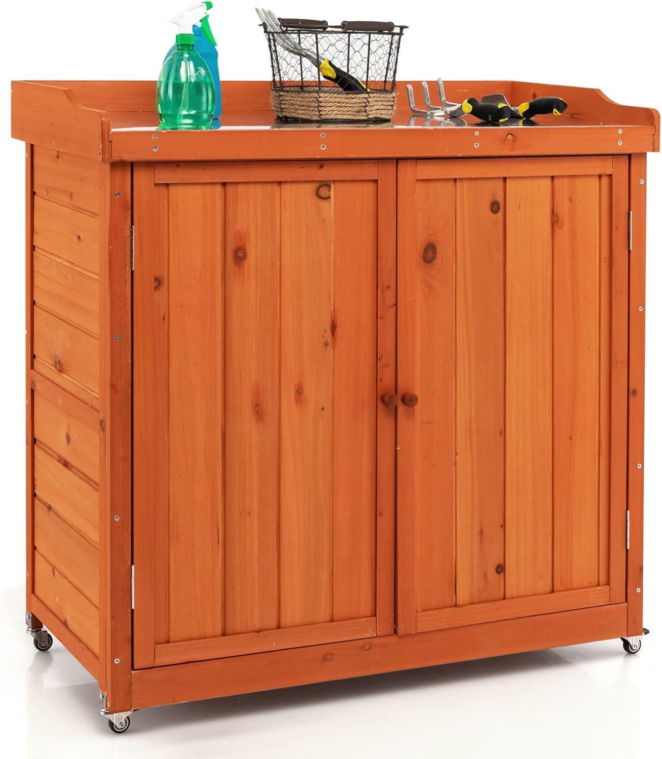 Armadio KOMFOTTEU da Esterno Impermeabile in Rattan Armadietto Basso in e Ripiano Aperto Credenza da Cucina Balcone Giardino Corridoio 90 53 86 cm con Piano di Lavoro x x Legno Marrone